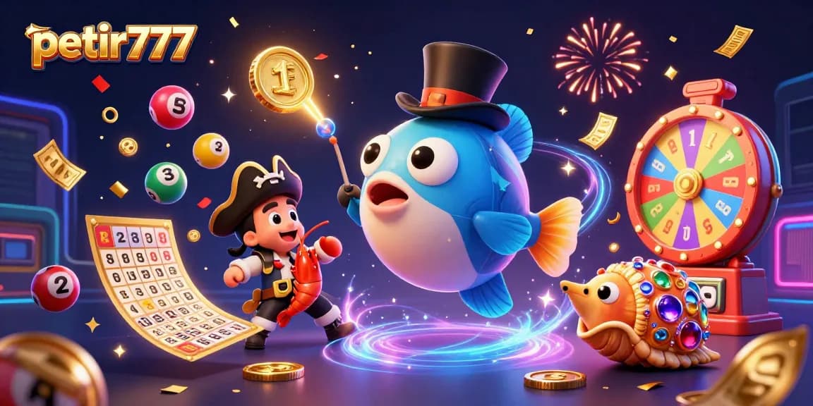 Play and win with petir777 as a glowing anglerfish and pirate shrimp celebrate amidst festive casino elements.