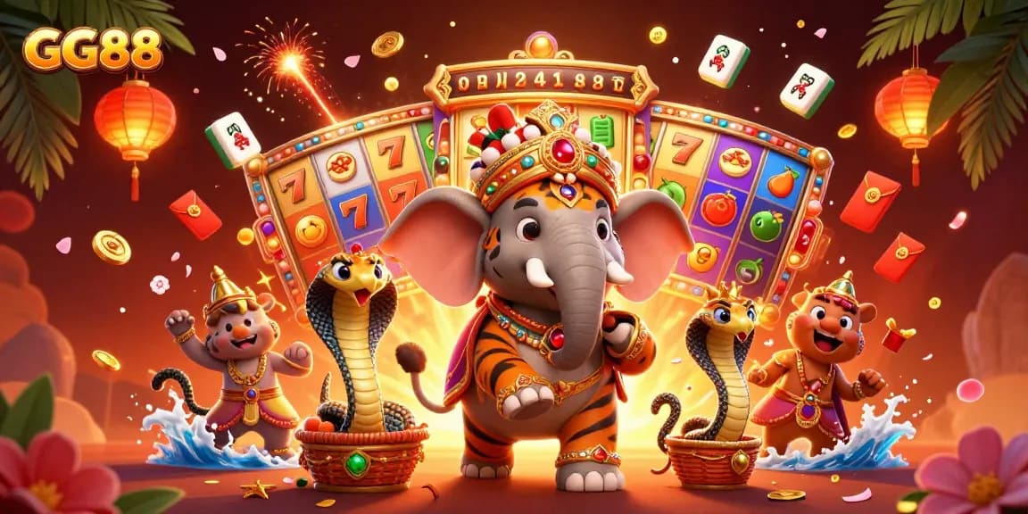 Spin to win with GG88's vibrant 3D casino scene of maharaja characters and thrilling slot action.
