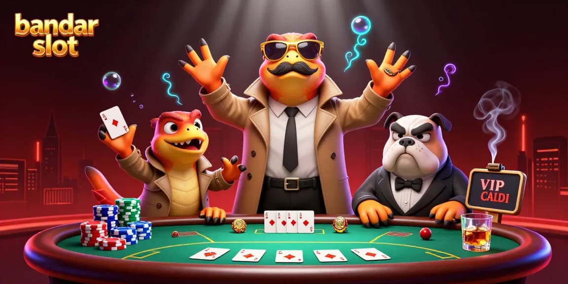 Raptor dalam jas trench berpura-pura sebagai pemain bandar slot mencoba masuk ke lounge VIP kasino.