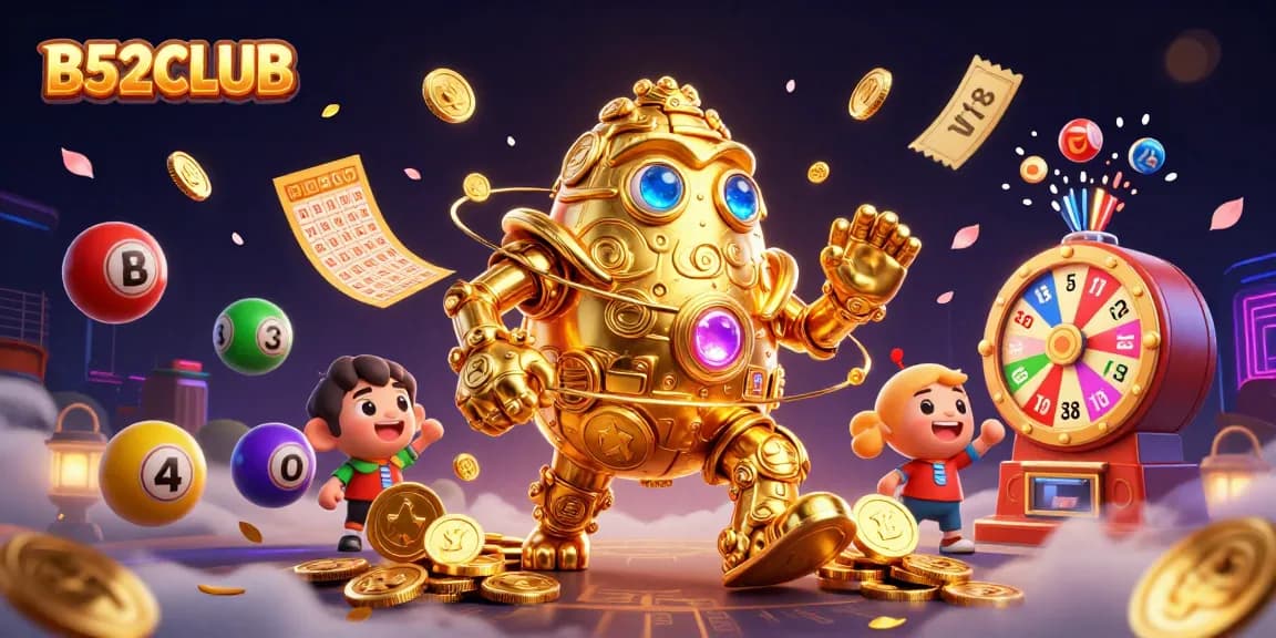 B52CLUB showcases a dynamic scene with a golden golem made of coins and vibrant gaming elements.