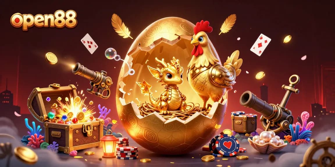 Experience the excitement of open88 with a golden dragon and poker chips amidst vibrant casino elements.