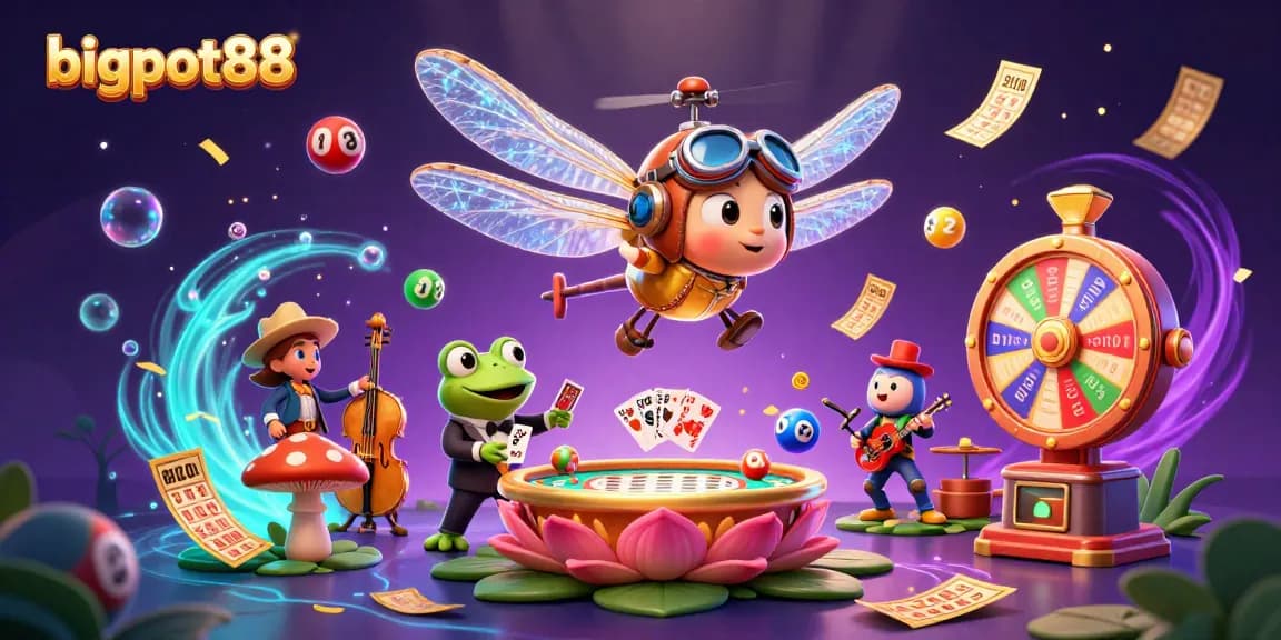 Engage with bigpot88's excitement in a casino paradise with vibrant characters and game elements.