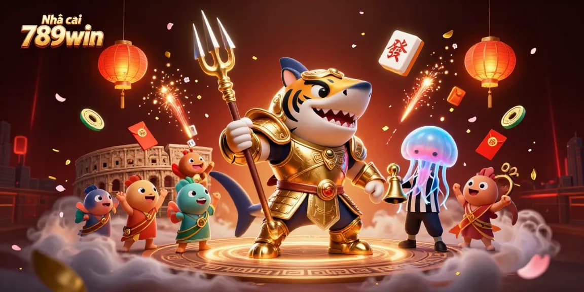 Join the excitement at Nhà cái 789win with a lively underwater colosseum featuring a golden gladiator shark champion.