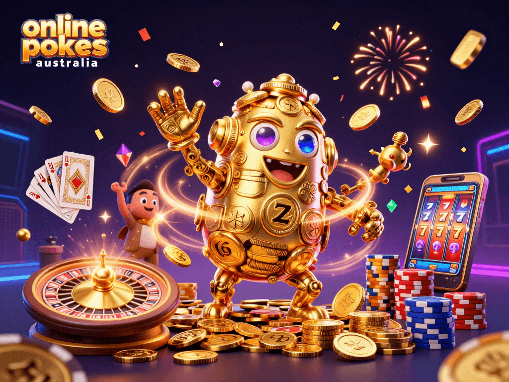 Spin and win with online pokies Australia featuring vibrant gold coins and dynamic visuals.