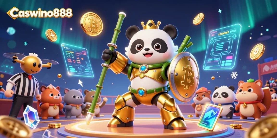 Experience the excitement of Caswino888 with a golden panda battling in a vibrant 3D casino arena!