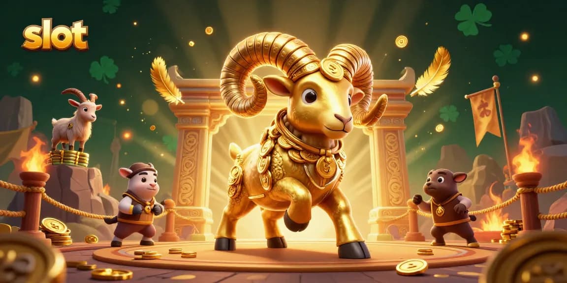 Experience thrilling slot action with a 3D illustrated golden ram charging through a vibrant casino scene.