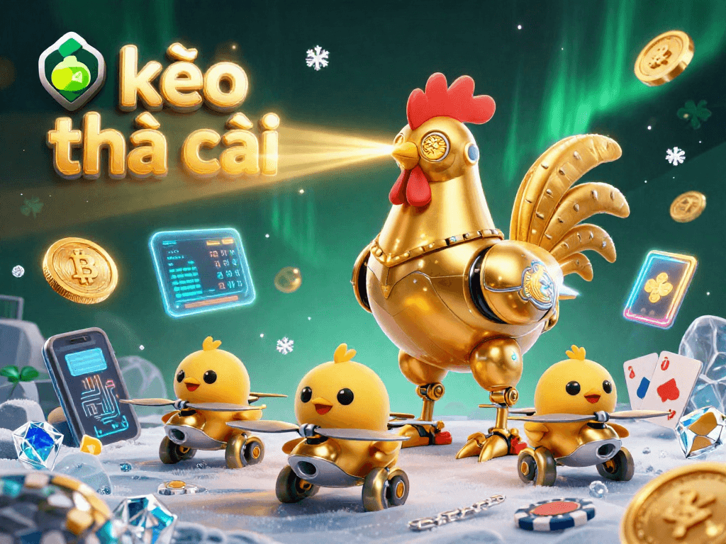 Experience the thrill of kèo nhà cái with a dynamic 3D illustration featuring a rooster robot and casino elements.