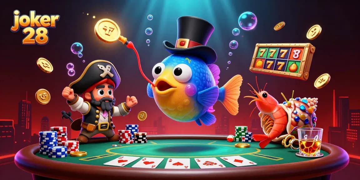 Joker 28 menampilkan ikan penangkapan yang memikat koin emas di lautan permainan slot.