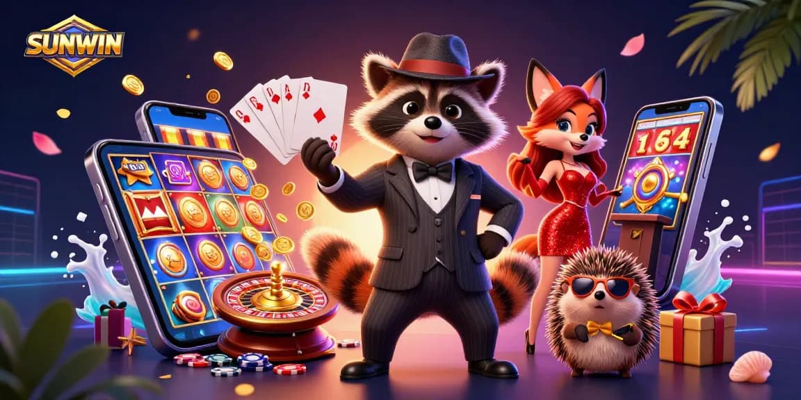SUNWIN reveals exciting slots experience with suave raccoon, dressed for action and engaging players in a vibrant casino.