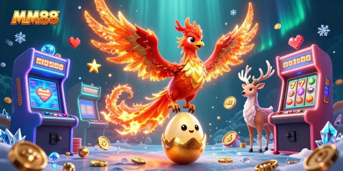 Experience thrilling gameplay with MM88 featuring vibrant phoenix and mystical stag in an engaging casino scene.