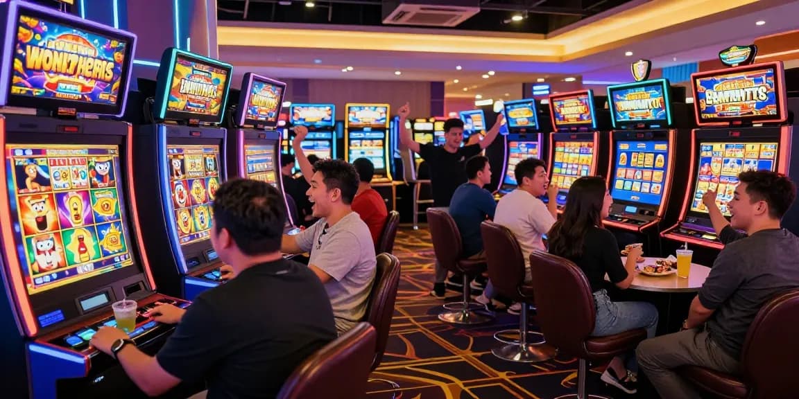 Pengunjung bermain slot gacor di arcade dengan kebahagiaan memenangkan jackpot.