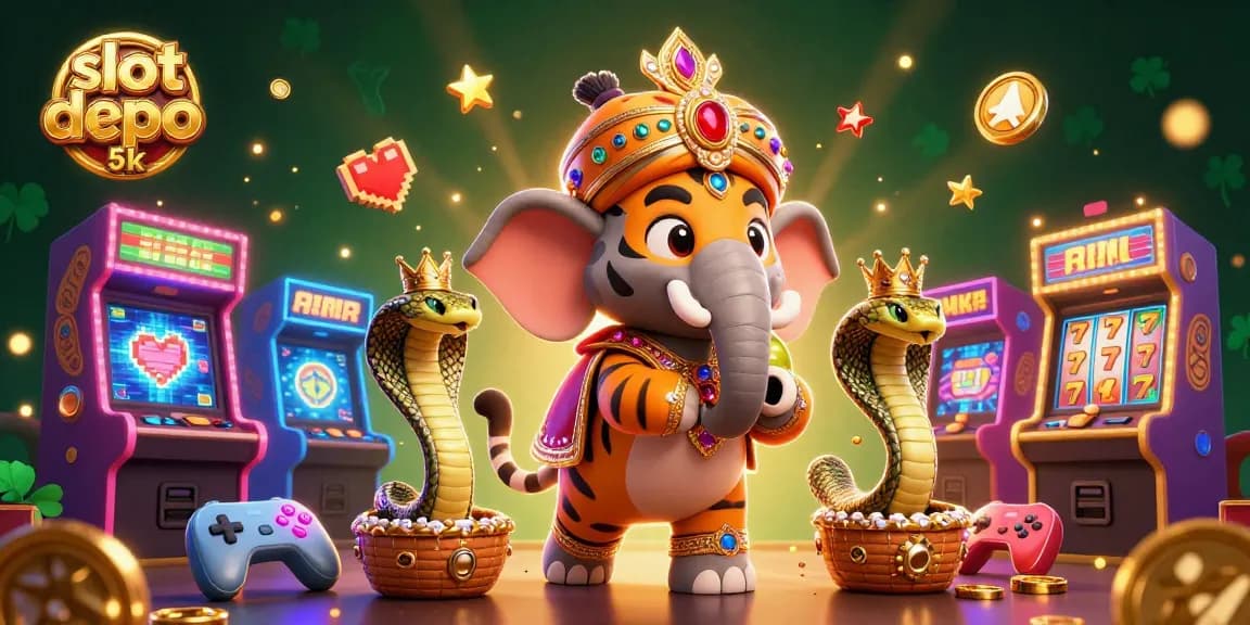 Spin the reels with slot depo 5k at an enchanting casino scene filled with vibrant gaming elements.