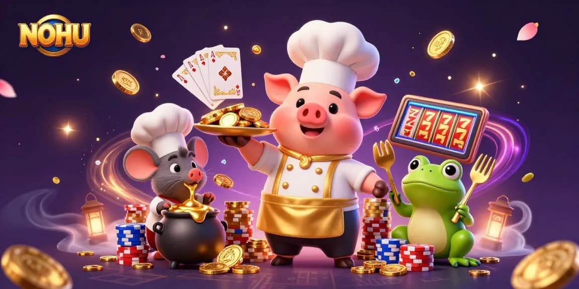 NOHU offers an exciting 3D cartoon scene depicting a pig chef and friends amid cascading gold coins and vibrant casino elements.