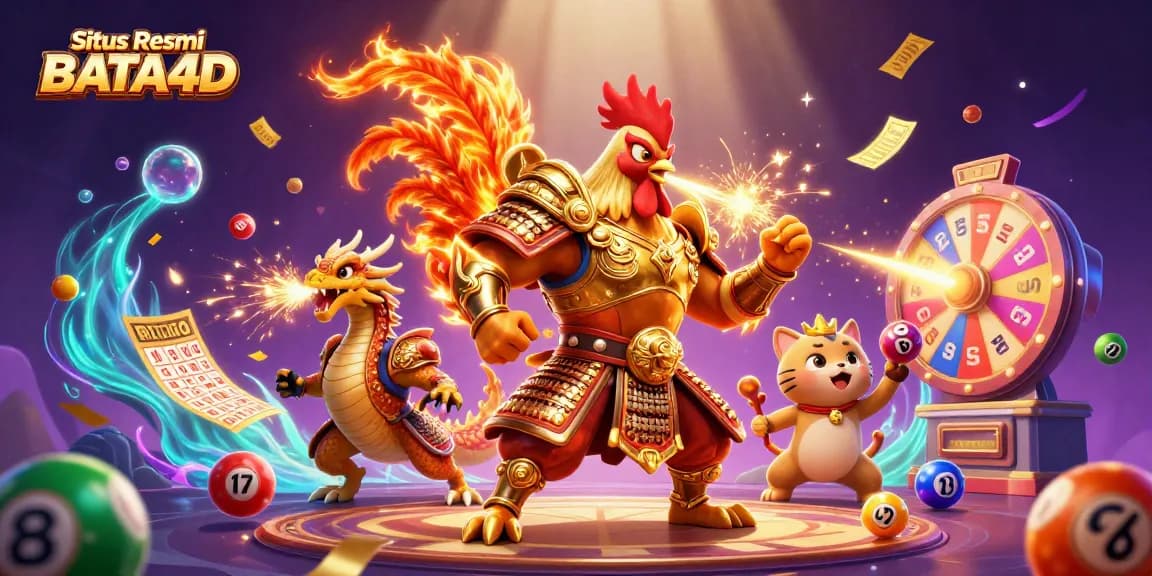 Mengalami keseruan di Situs Resmi BATA4D dengan ayam petarung dan naga dalam pertempuran, dikelilingi bola lotere berwarna.