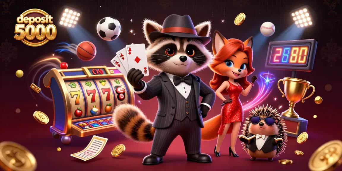 Engage in games with deposit 5000, featuring a raccoon, fox lady, and hedgehog amid vibrant casino elements.