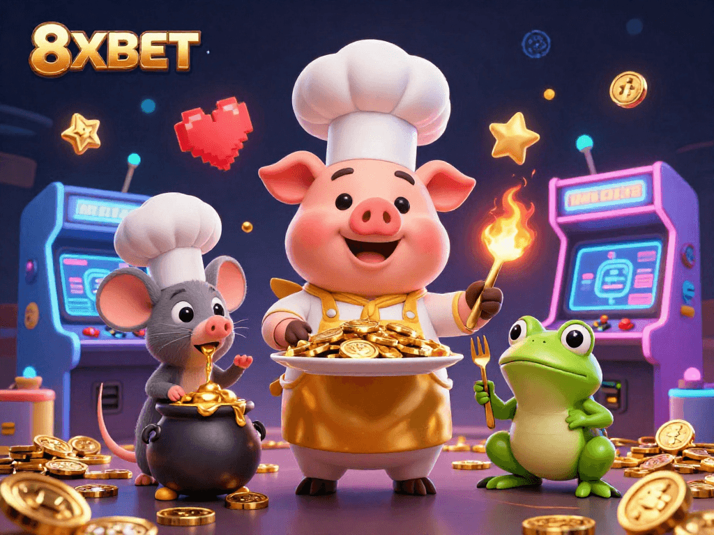 Experience the excitement of 8XBET with a vibrant illustration featuring a chef pig serving gold coins, enhancing casino appeal.