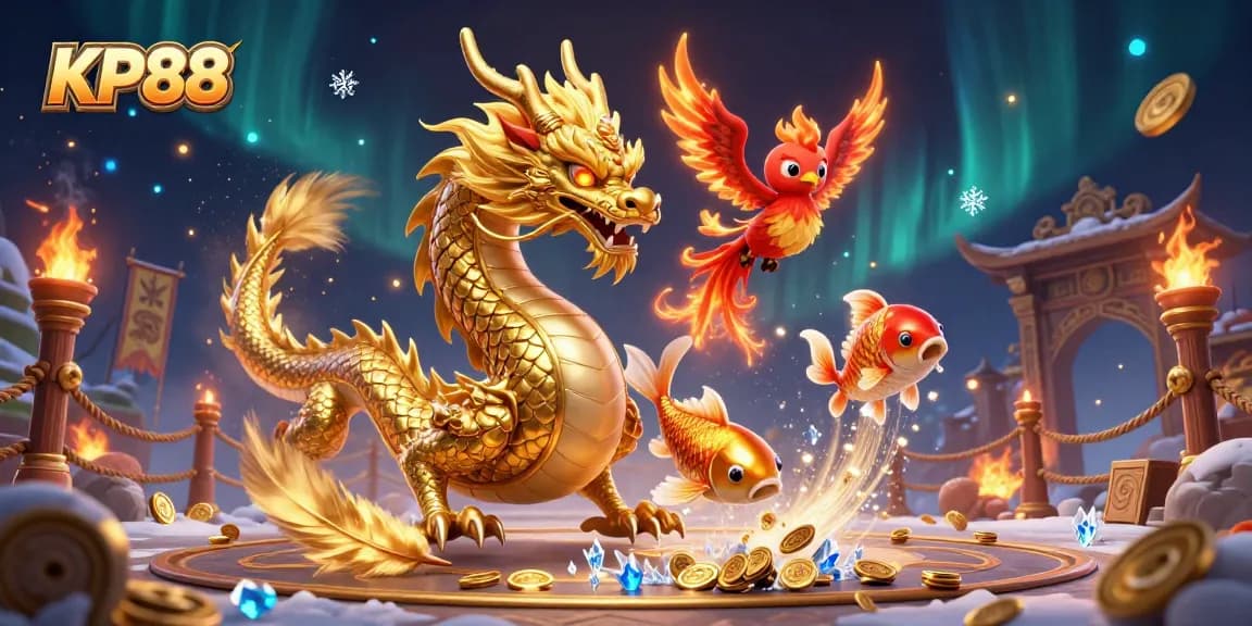 Experience thrilling gameplay with KP88, featuring a dragon, phoenix, and koi fish amidst epic casino elements.