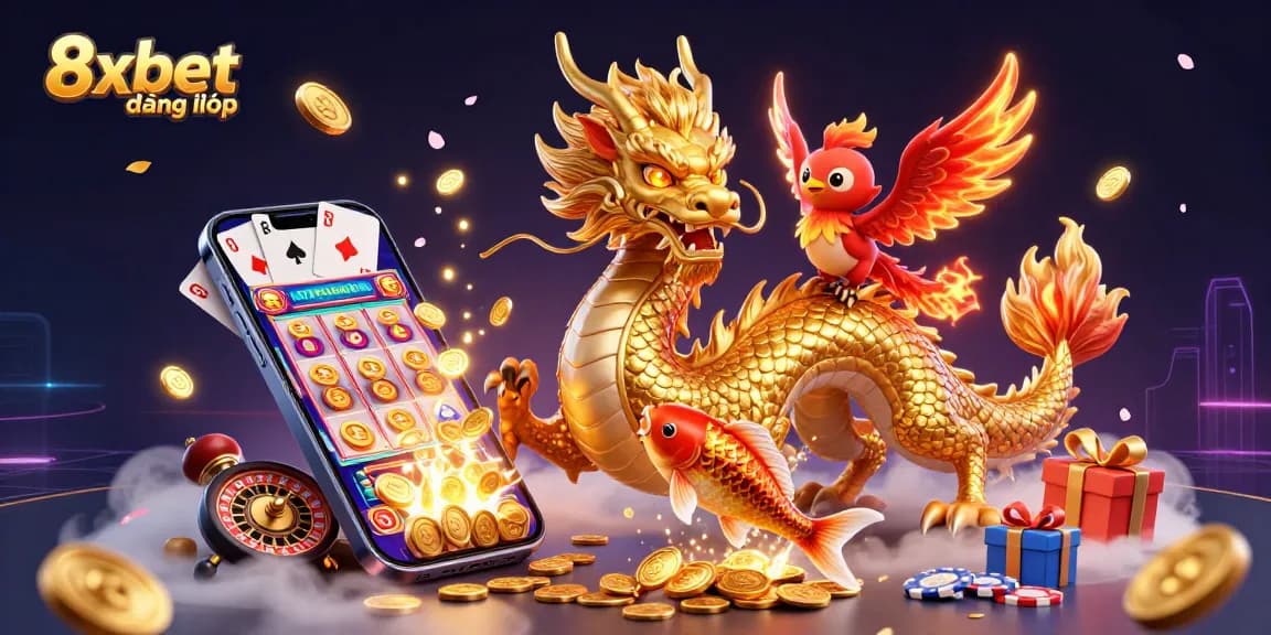 Experience thrilling gameplay with 8xbet đăng nhập, featuring a vibrant dragon and colorful casino elements.