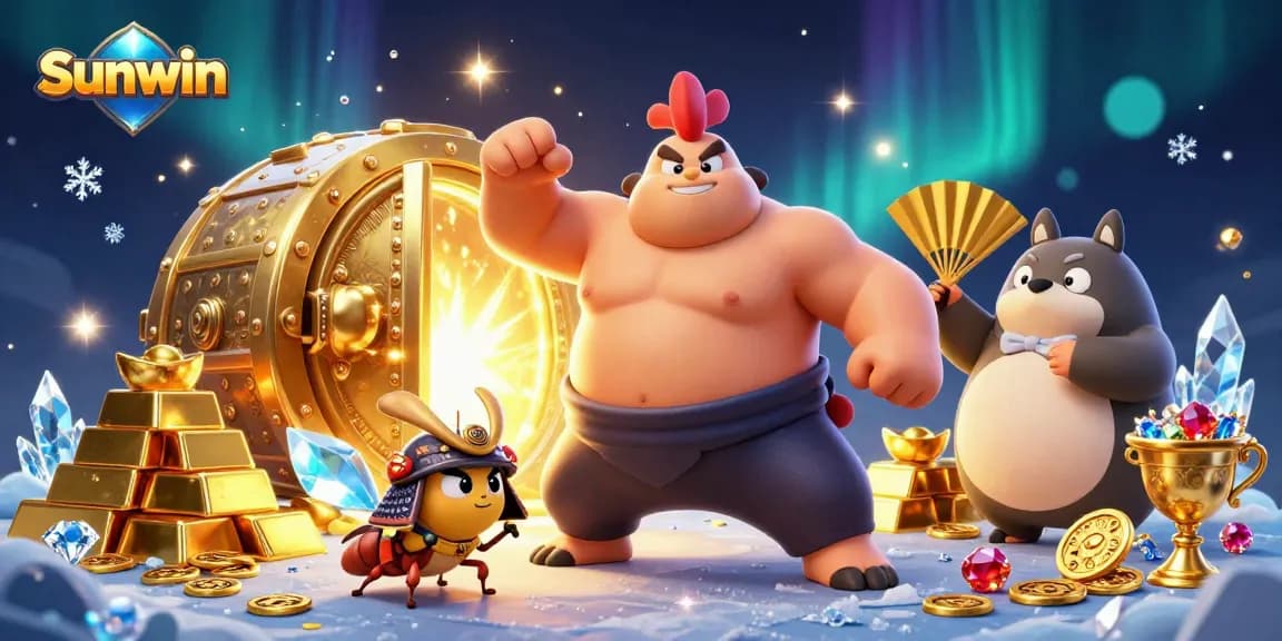 Sunwin showcases an exciting gambling scene with a powerful sumo wrestler, a fierce cricket, and treasure galore.