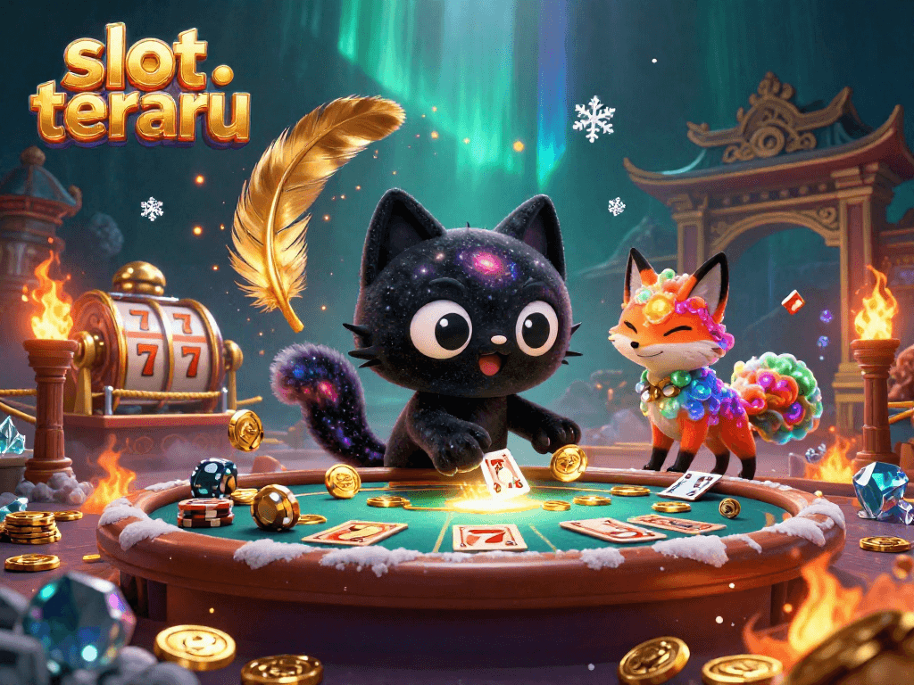 Experience the thrill of slot terbaru with a cosmic casino scene featuring a black hole cat and nebula fox.