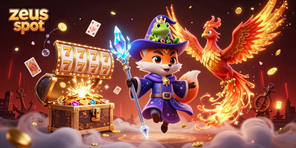 Engage with zeus slot in this captivating 3D scene featuring a mystical wizard fox and vibrant slot elements.