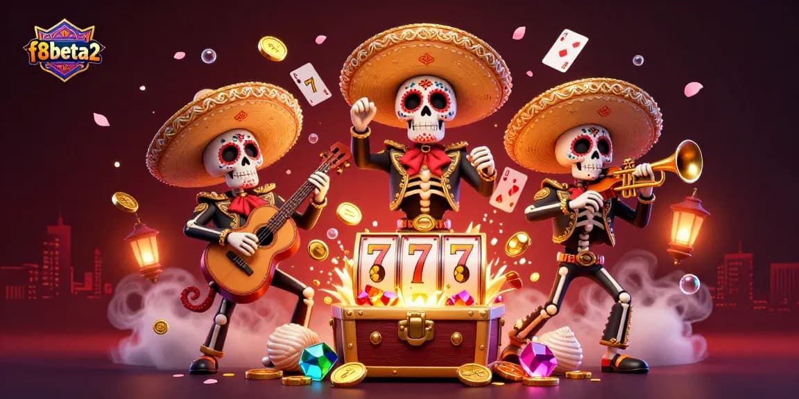 Unleash excitement with f8beta2's vibrant illustration featuring a festive mariachi band surrounded by slot game elements.