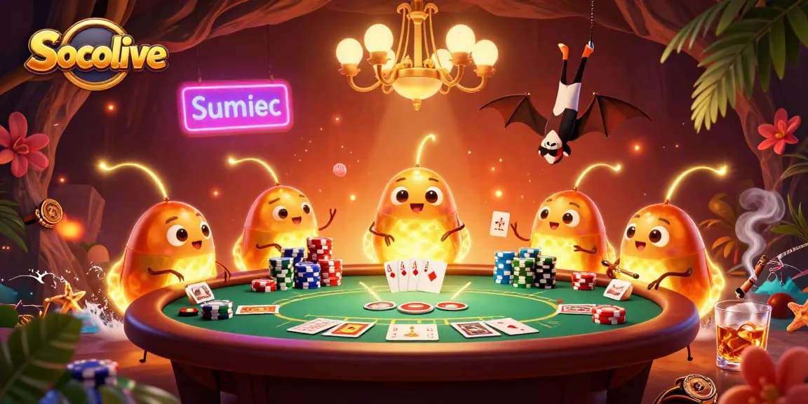 Socolive showcases a vibrant cave casino scene with glowworms lighting up the poker table and games.