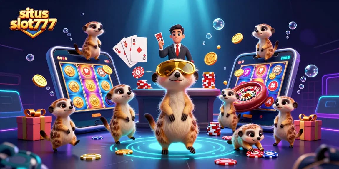 Experience thrilling gameplay at situs slot777 with 3D meerkats in a vibrant casino scene.