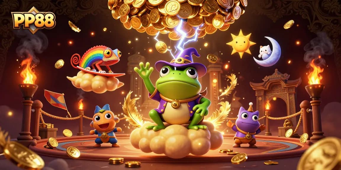 PP88 showcases vibrant online casino entertainment with golden coins and magical characters.