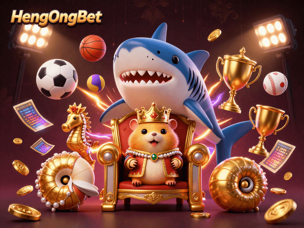 Engage with HengOngBet featuring a fierce golden hamster king amidst energetic sports betting elements.