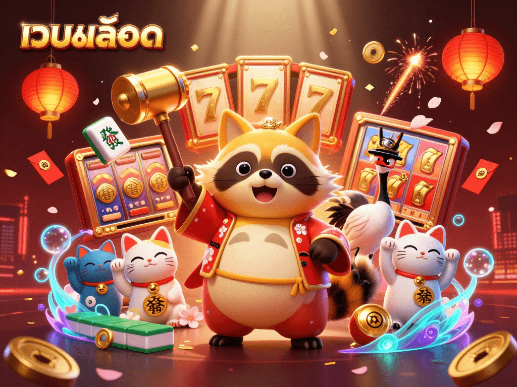 Experience เว็บสล็อต excitement with a cheerful tanuki, crane, and fortune cats in a festive gaming scene.
