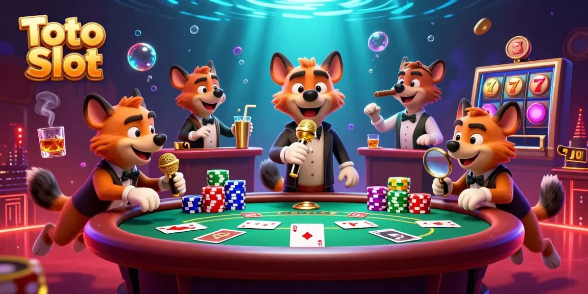 Toto Slot delivers thrilling wins in a bustling casino scene with lively hyenas hosting games.
