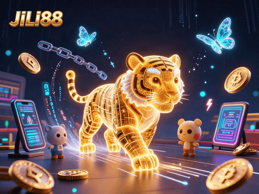 Experience JILI88 gaming with a vibrant digital casino featuring a neon-wireframe tiger.