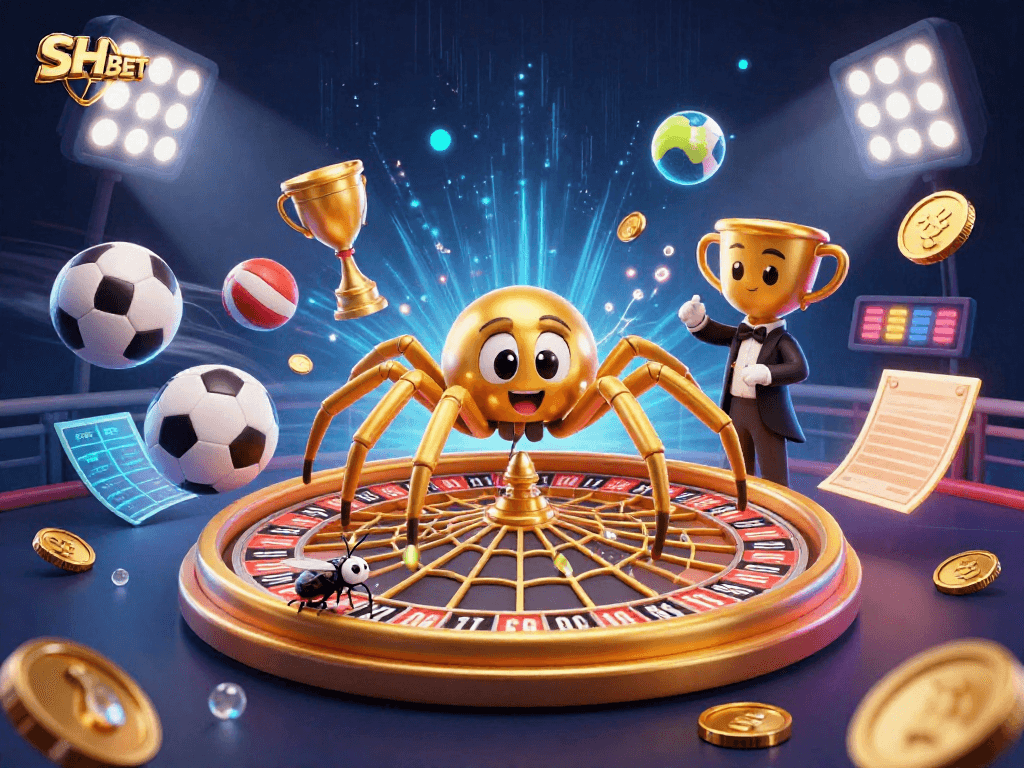 SHBET delivers dynamic sports betting action with a golden roulette wheel spun by a cartoon centipede croupier.