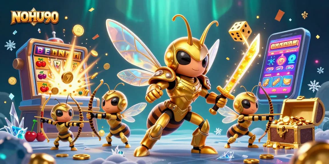 Win big with NOHU90 in this vibrant slot machine-themed fantasy illustration filled with rich casino elements.