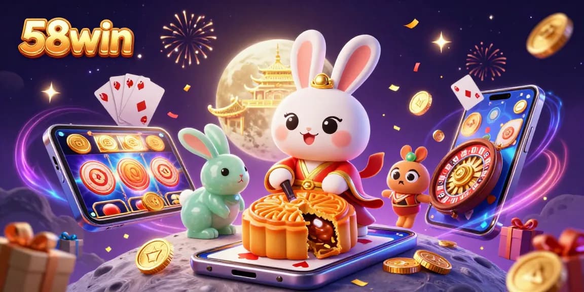 Engage with 58win's exciting slots as the cartoon moon rabbit celebrates with poker chips and golden coins.