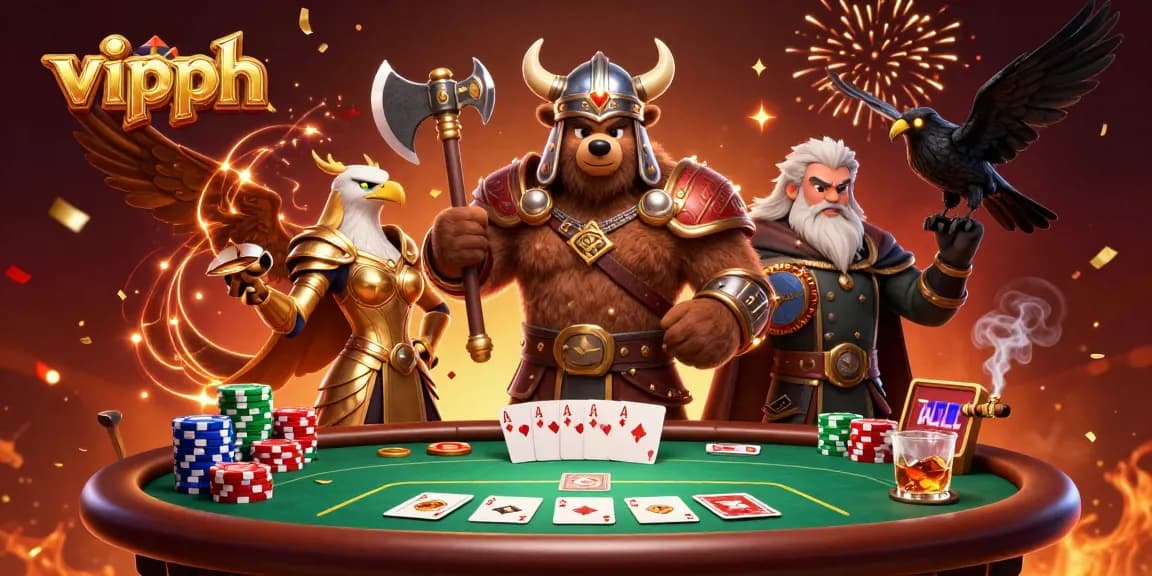Experience thrilling games with vipph, featuring a Viking bear and Valkyrie in an exhilarating casino scene.