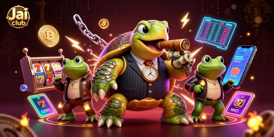 Experience Jai club's casino excitement with a vibrant 3D scene featuring dynamic characters and games.