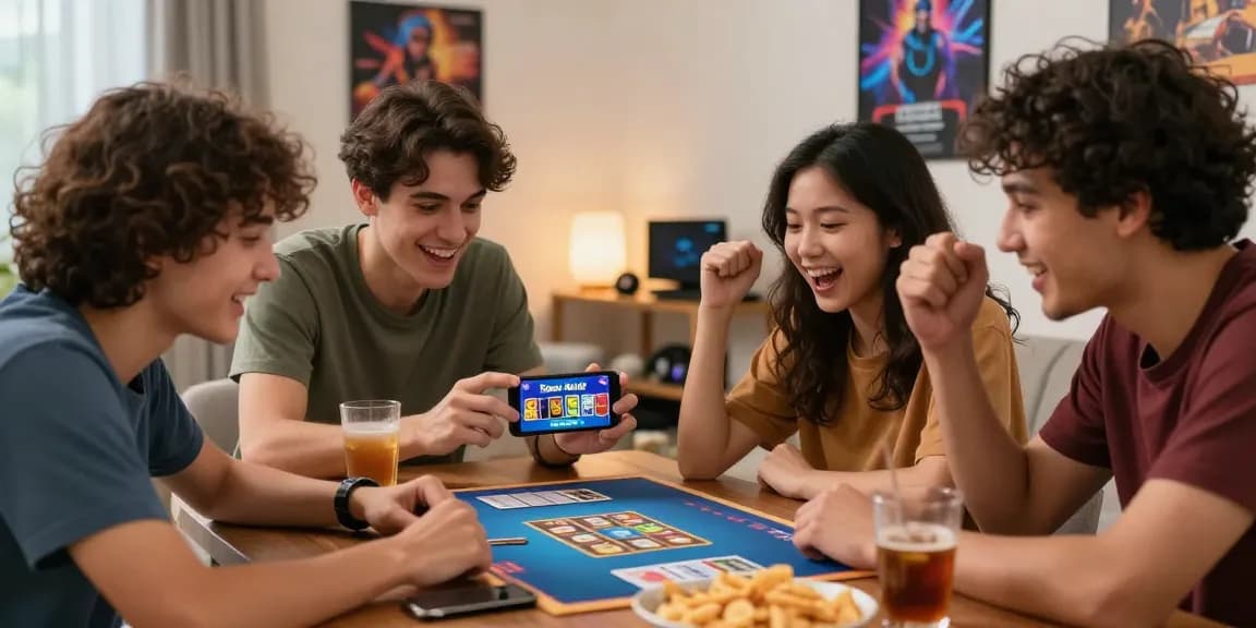 Friends enjoying 3 Patti World game link during a cozy gaming night at home.