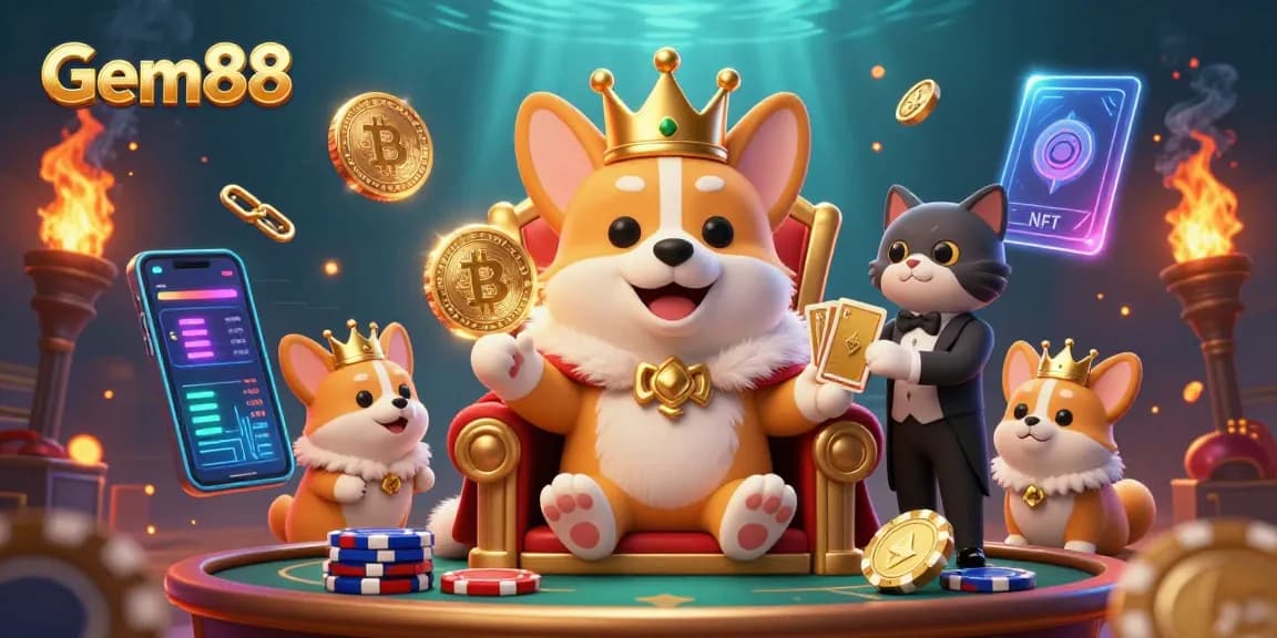 Experience the excitement of Gem88 with a royal corgi on a throne amidst crypto coins and casino elements.