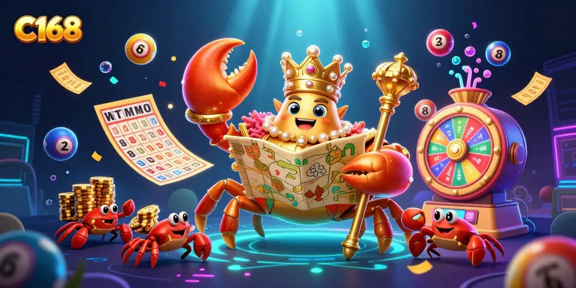 Experience the excitement at C168 with vibrant gaming elements and cartoon characters celebrating wins.