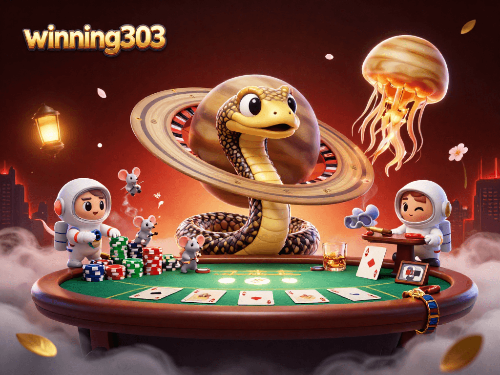 Winning303 showcases a 3D cosmic gambling scene with cartoon characters betting in space.