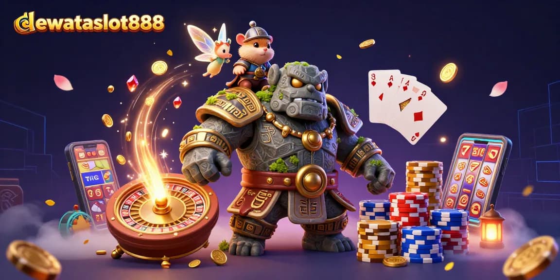 Permainan seru di dewataslot888 dengan golem dan peri sihir berkilau dalam suasana kasino.