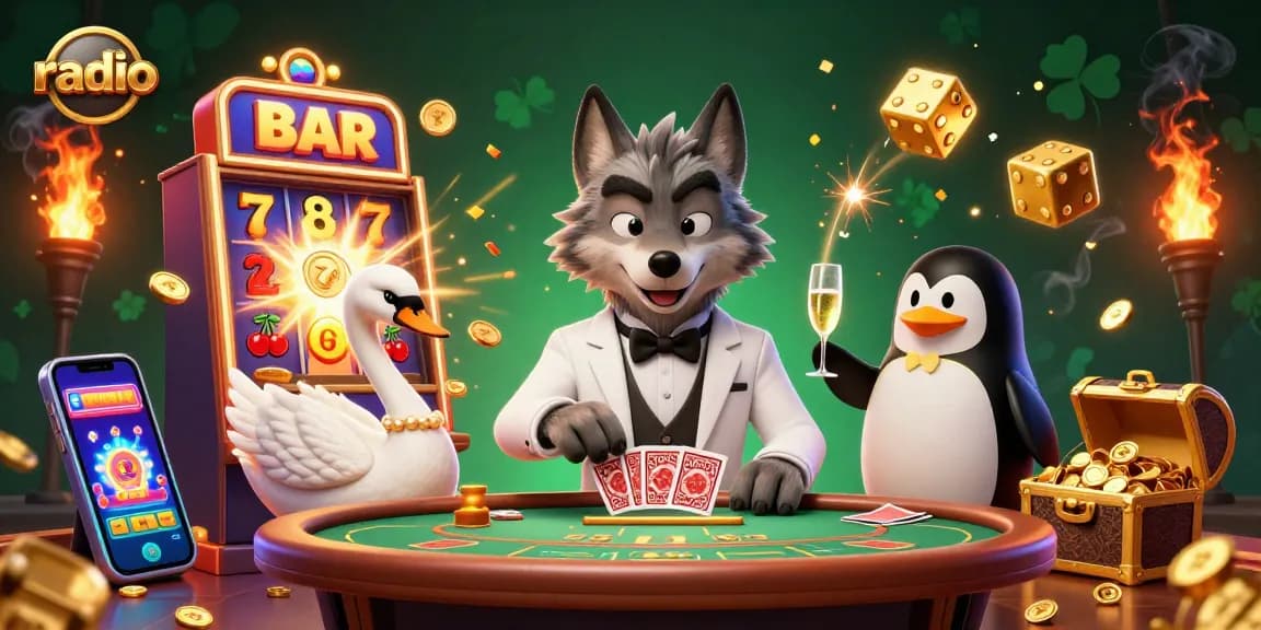 Experience thrilling gameplay at WIN79 radio with a dynamic casino illustration featuring animated characters and vibrant game elements.