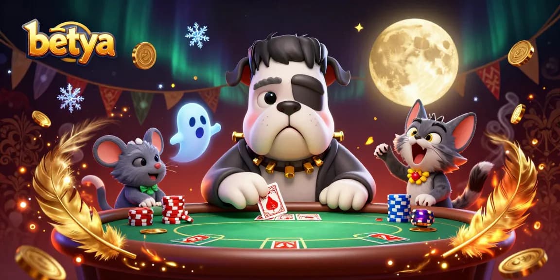 Engage in thrilling poker bets with betya's vibrant illustration featuring unique casino characters.