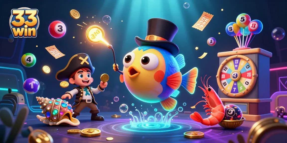 Engage with 33 win's vibrant casino scene featuring a glowing anglerfish, pirate shrimp, and gem-shell snail.