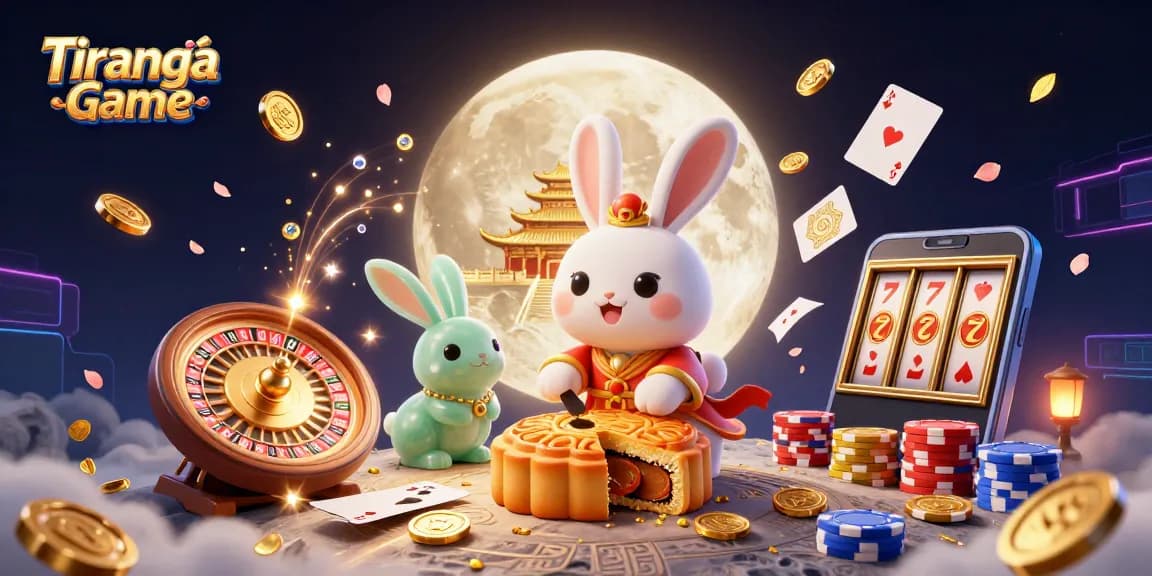 Tiranga Game captivating scene with moon rabbit uncovering poker chips in a dynamic casino-themed illustration.