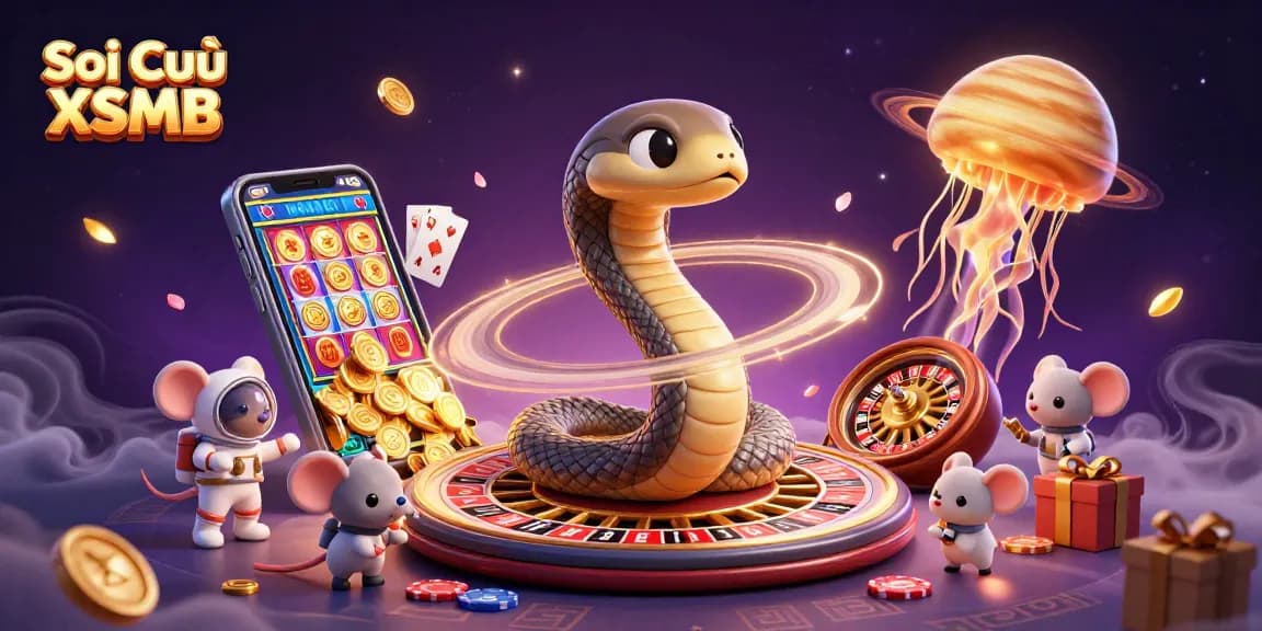 Soi Cầu XSMB reveals a lucky scene with a Saturn snake and astronaut mice betting on a cosmic roulette wheel.