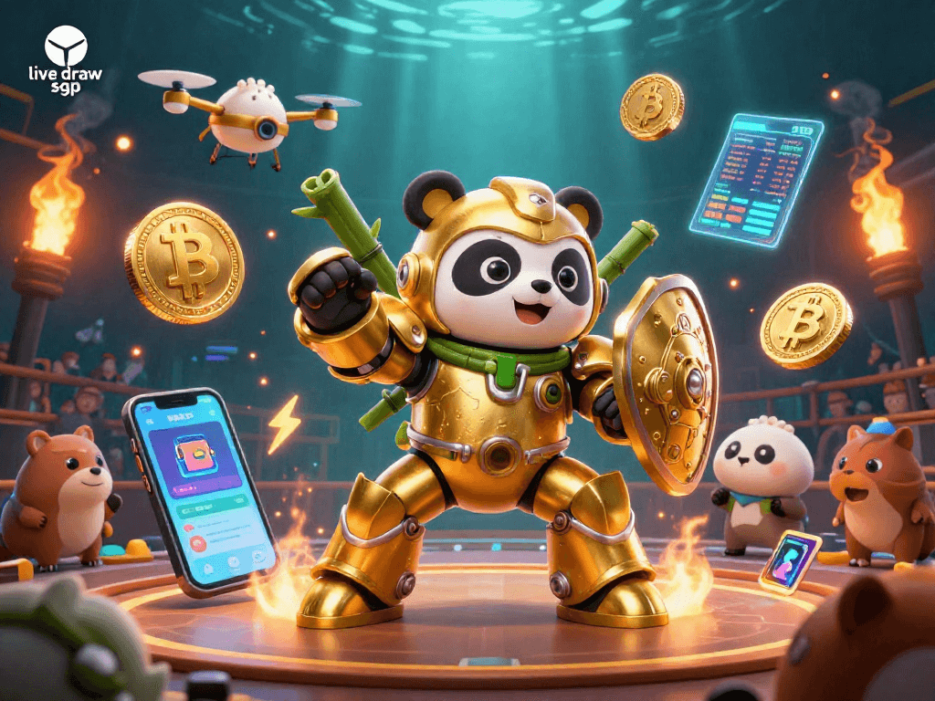 Menyaksikan live draw sgp dalam ilustrasi dinamis dengan panda emas dan robot bertarung.