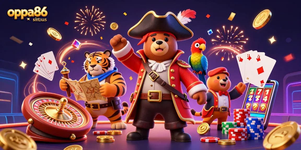 Join the adventure at oppa86 situs with a pirate bear, tiger, and treasures spinning in a vibrant casino.